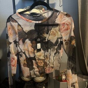 Fashion Nova Rose Print Mesh Top - Black and Cream